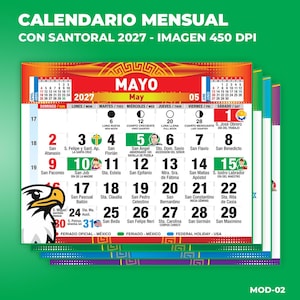 Diseño Plantilla Calendario Mensual con Santoral Tradicional México 2027 - PDF + PNG - Alta resolución Listo para Imprimir Alta Calidad