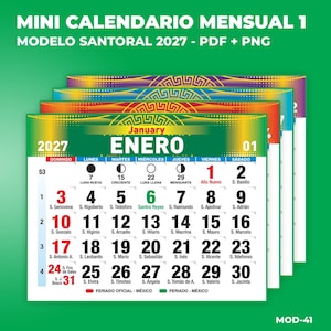 Puede incluir: Un archivo digital de calendario mensual 2027 titulado MINI CALENDARIO MENSUAL 1 MODELO SANTORAL 2027 - PDF + PNG. La página de enero muestra el mes ENERO, las fechas del 1 al 31, días, fases lunares y nombres de santos en una cuadrícula.