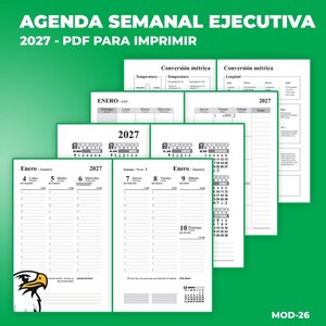 Könnte beinhalten: Ein druckbarer 2027 Executive Wochenplaner als PDF mit weißen Seiten und schwarzem Text, einschließlich Kalenderrastern, metrischen Umrechnungstabellen und täglichen Planungsabschnitten. Das Layout zeigt die Wochentage auf Spanisch und Englisch sowie eine Adlerkopf-Grafik.