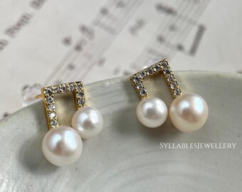 Handmade Music Note Earrings, Freshwater Pearl & 925 Sterling Silver Jewelry, Dainty Gift for Her, Musical Inspired Earrings, Birthday Gift