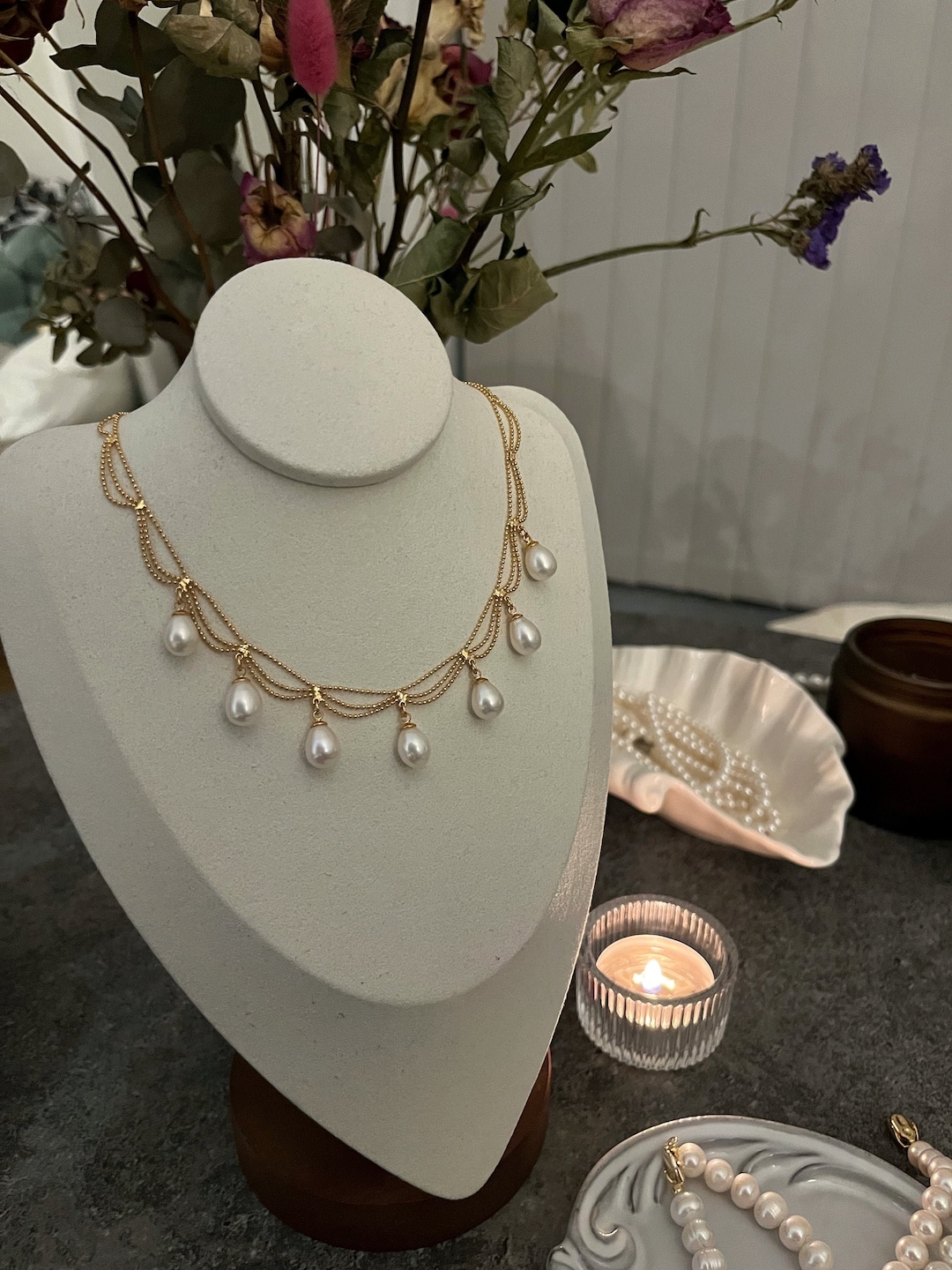 Dainty Multiple Choker, Lace Freshwater Pearl Necklace, Victorian-style ...