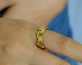 Gold Chain Ring / 18K Gold Filled Rings Chain Stainless Steel Vintage Statement Ring · Signet  Non Tarnish Finger Rings Gift Waterproof Ring