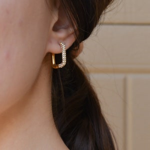 Gold Filled Rectangle Hoop Earrings, Pave Hoop Earrings, Gold Huggie Hoops • Kids Women Earrings Gift for Her Sister Her Gift WATERPROOF