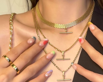 Gold FILLED Mesh Necklace with T Bar Pendant Everyday Personalized Vintage Choker Elite Jewelry Non-Tarnish Waterproof Jewelry Wear Her Gift