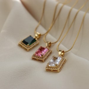 Gold Zircon Square Pendant Necklace: Pink, Clear & Emerald Gem Stones Paved Crystals Elegant Eye Catching Jewelry WATERPROOF Chain Choker