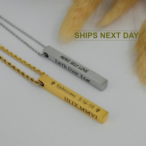 Custom Gold Silver Personalized Vertical Bar Pendant Necklace Men Necklace • Engraved Motto Motivate • Women Necklace WATERPROOF Gifts mom
