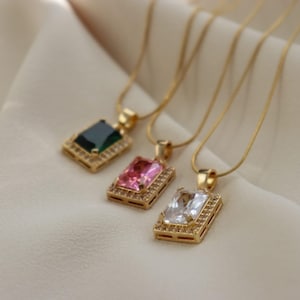 Women zircon necklace, Pink Clear Emerald Square Pendant Zircon Necklace Stainless Steel Gold Necklace Gold Jewelry Vintage Jewelry Gift Mom