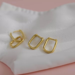 Gold Filled Huggies Earrings, Elegant Rectangular Earrings, Clip on Drop Earrings Hoop Earrings Handmade Waterproof Minimalist Best Her Gift