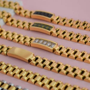 18K Gold Crystal Emerald Black Stone Gem Bracelet Baguette Mom Mother Women Solid Watch Bracelet Gift for Lover Her Him Girl Custom Handmade