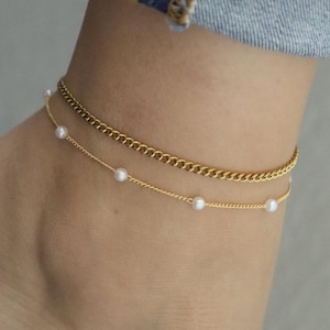 18k Gold Filled Pearl Anklet, Curby Anklet gift girls, Waterproof Anklets Bracelet SET Tarnish Free Dainty Solid Christmas Birthday Gift mom