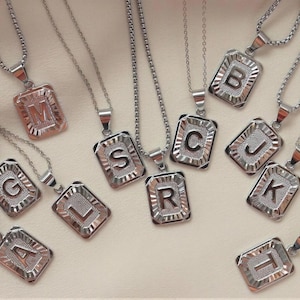 Silver Men Necklace- Gold Initial Necklace- Letter Medal Initial Pendants-Fathers' Day Jewelry- Square Alphabet Necklace for her him