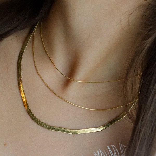 Gold Filled Triple Snake Chain, Three Layered Gold Herringbone Gold Necklace Waterproof Gold Jewelry Herringbone Non Tarnish Jewelry Gift