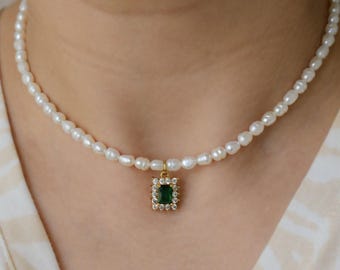 Gargantilla de perlas para mujer, collar con dije de perlas, cadenas de piedras preciosas de circonita cúbica, joyería de circonita brillante, colgante de piedras preciosas, regalos de cumpleaños para mamá.