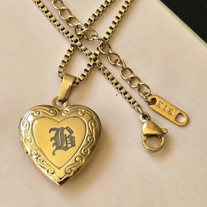 Custom Photo Gold Filled Heart Locket Necklace Engraved Old English Initial Necklace Personalized Gift Memorial Christmas Her Him Minimalist