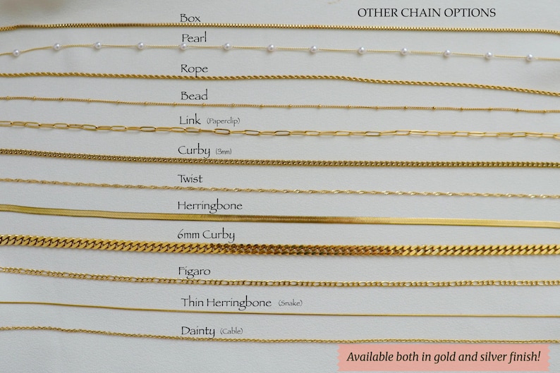 a variety of gold and silver chain options, each with different designs and finishes, available both in gold and silver.