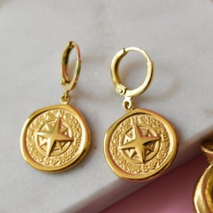 Gold Compass Earrings, Dangle Earrings, Compass Necklace, WATERPROOF Earrings, North West Sign, Personalized Jewelry