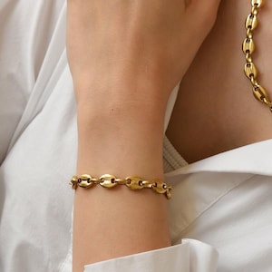 Gold Coffee Bean Bracelet Set Women Men Thick Strong Stainless Steel Jewelry Link Choker Bracelet Her Gift Waterproof Necklace Anklet Set