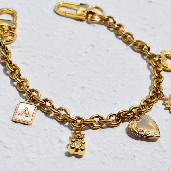 Dije de bolso personalizado, cadena de bolso bañada en oro con dije múltiple, dijes para bolso de mujer, medallón con inicial de piedra de nacimiento para accesorios de bolso