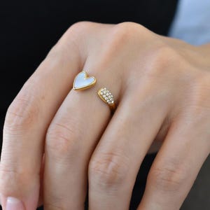Heart Adjustable Band Ring with Crystal, Love Statement Ring Mother of Pearl Sparkle Dome Waterproof NonTarnish Birthday Anniversary Gift