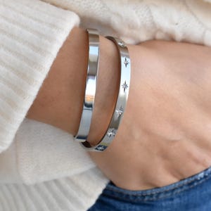 Silver Crystal Bangle Bracelet – Sleek Modern Cuff Layering Jewelry Minimalist Star Sparkly Opal Cuff Stackable Birthday Gift For Her Mom