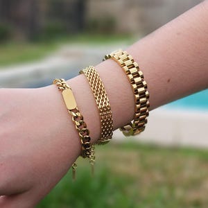 Pulseira vintage em ouro 18k com formato de malha, joia vintage dourada, pulseira de aço inoxidável à prova d'água e resistente à oxidação, joia dourada, presente para mãe.