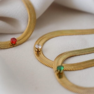 Gold Herringbone Choker-Necklace with Ruby Emerald Gem - Gold Jewelry Women Elegant Modern Waterproof Handmade Gift for Her Girl Girlfriend