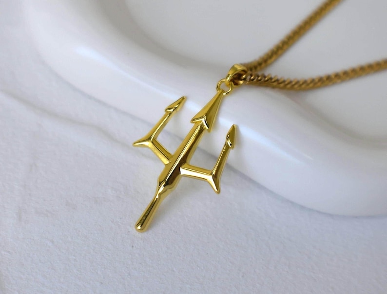 Poseidon Dad Gift Necklace, Trident Pendant 18K GOLD Chain Necklace · Luck Trinity Spirit Protection Men's Necklce Women Jewelry mom image 1