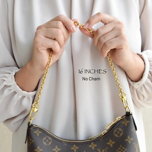 A person is holding a brown and gold Louis Vuitton handbag with a gold chain strap.