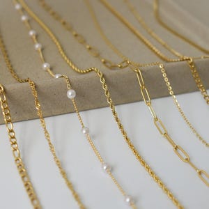 18K Gold FILLED Chain Necklace, Link Chain Twist Chain Figaro Chain Bead Herringbone Necklace Pearl Necklace for Women Men, Kids Waterproof