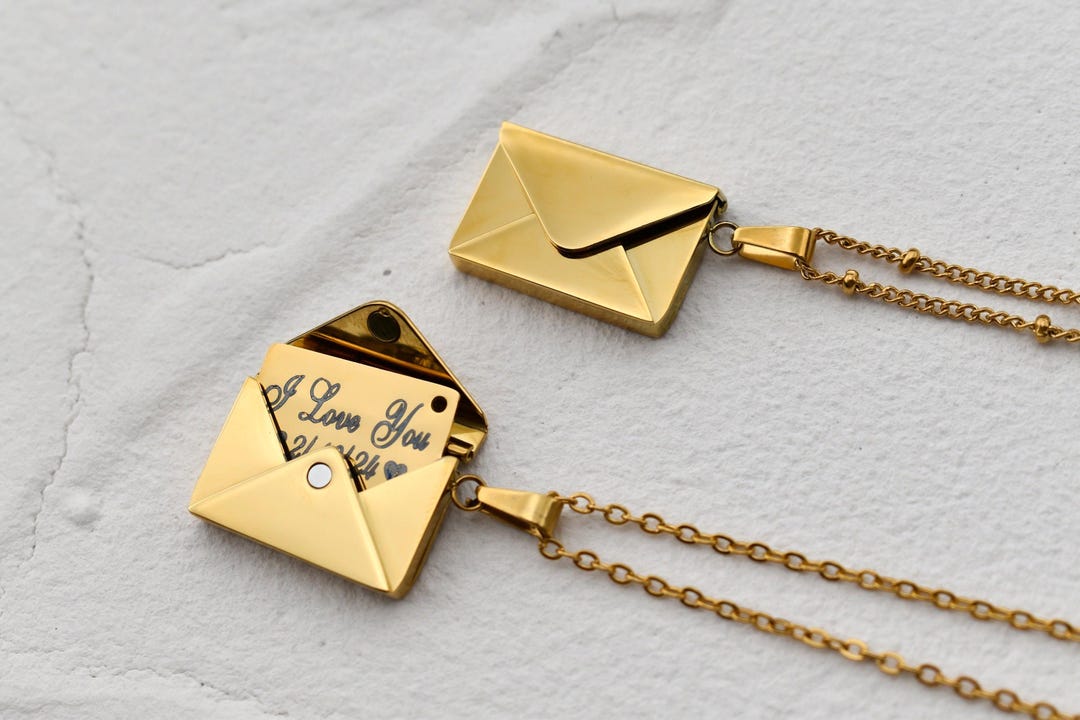 Gold Personalized Envelope Locket Necklace Secret Message Necklace