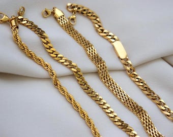 18K Filled Gold Bracelet Vintage Retro Mesh Bracelet Stainless Steel Chain SET WATERPROOF Jewelry Bracelet Herringbone Chain Women Christmas