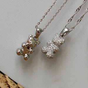 Silver Teddy Bear Necklace, Silver Bear Charm Pendant, Silver Chain Necklace, Gold Filled Teddy Bear Necklace, Crystal Solid Bear Pendant