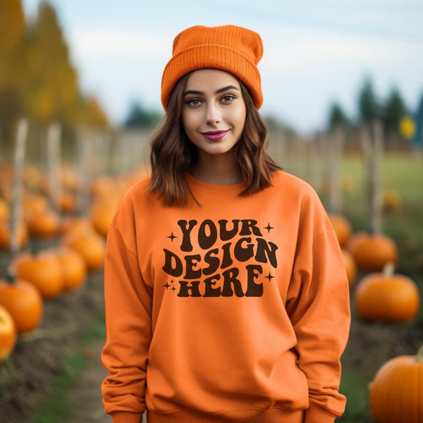 Orange Sweater Mockup, Mockup of Sweater with Model, Digital Download, Orange Sweater Mockup Outside Backdrop, Pumpkin Patch Orange Beanie