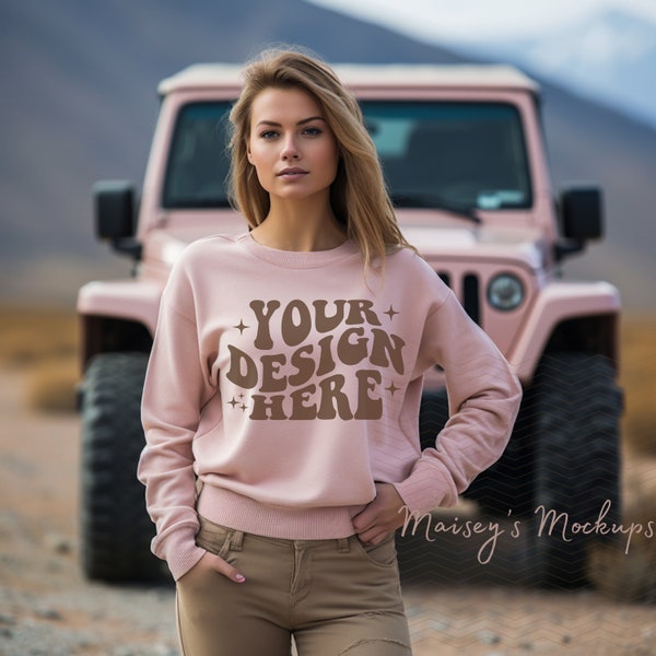 Gildan 18000 Sweater Mockup, Safety Pink Gildan G180 Sweatshirt Mockup, Mockup with Fall Backdrop, Cute Mockup, Jeep Pink Sweater Mockup,