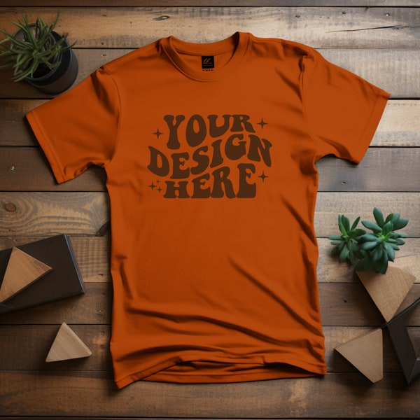Dark Orange Shirt Mockup, Mockup of Short Sleeve Shirt, Digital Download,  Orange Shirt Mockup Wooden Backdrop,