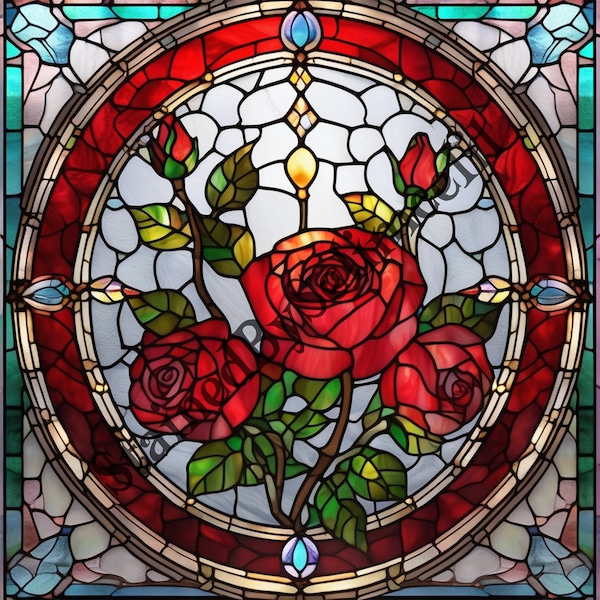 Red Roses Stained Glass Template, Stained Glass Pattern, JPG Format, Digital Paper, Stain Glass Paper