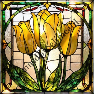 Modèle de vitrail tulipe jaune, Motif de vitrail, Format JPG, Papier numérique, Papier pour vitrail