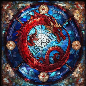 Red Dragon Stained Glass Template, Stained Glass Pattern, JPG Format, Digital Paper, Stain Glass Paper