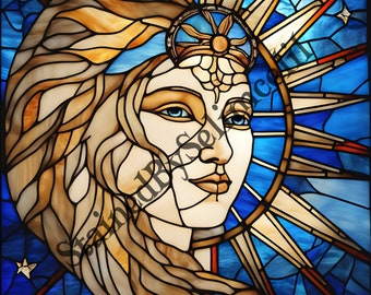 Patrón de vitral de mujer: Diseño de sol celestial (descarga digital JPG)
