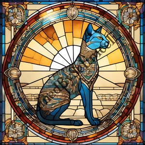 May include: A stained glass artwork featuring a blue cat in an Egyptian style. The cat is adorned with gold and teal accents, set against a backdrop of a sunburst and a circular frame with ornate details. The artwork is in a square format.