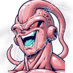 May include: A digital illustration of a pink character with a wide, toothy grin and red eyes. The character has large, round ear-like structures and a bulbous head. Lightning bolts are in the background.