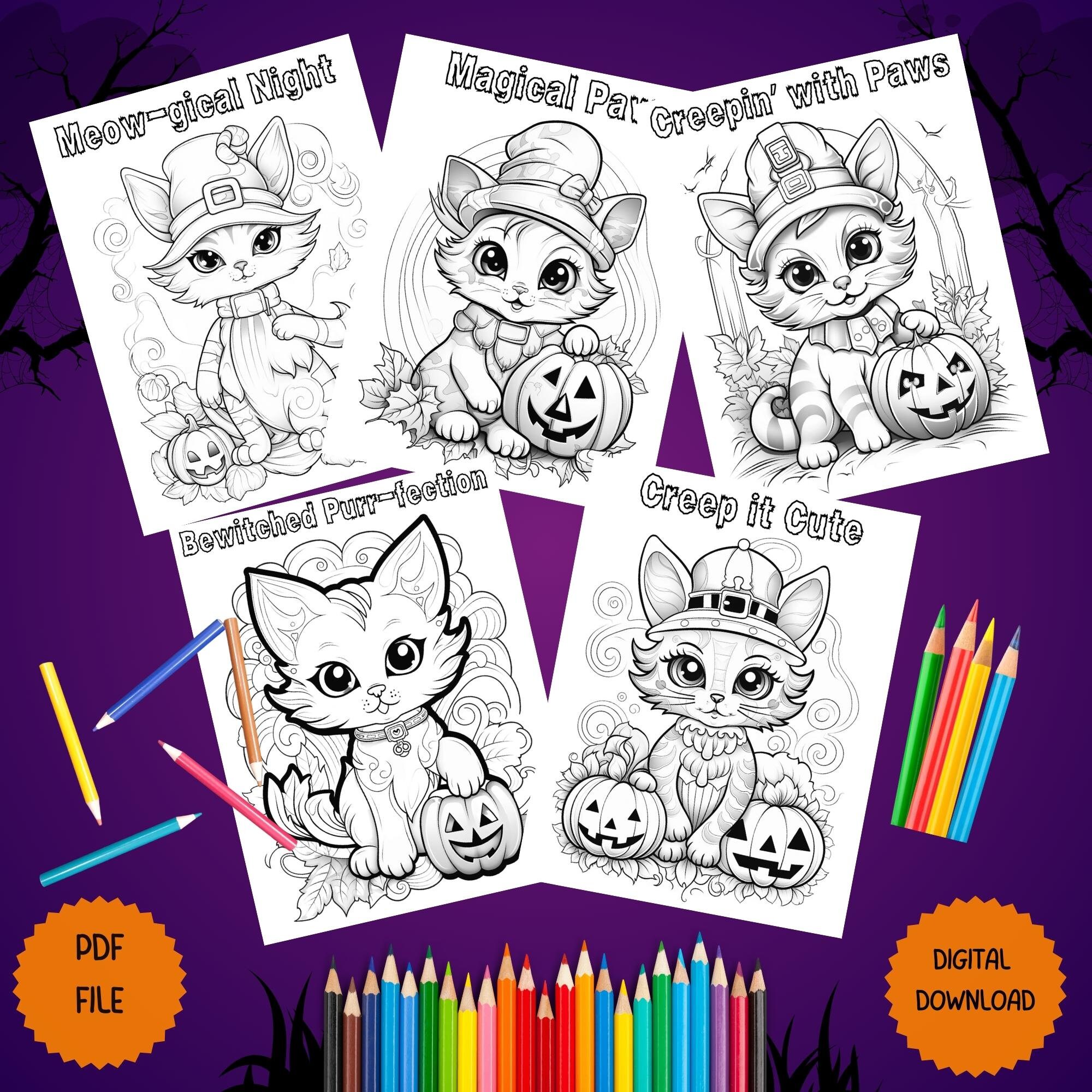 Halloween Cats 20 Printable Coloring Pages for Adults and Kids, Cat ...