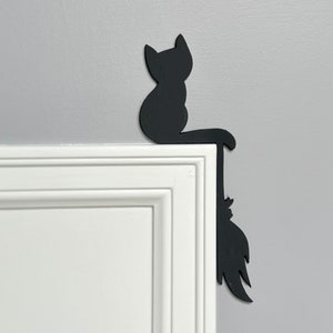 Laser Engraved Black Cat On Broom Door Corner | Halloween Wall Art & Spooky Home Decor