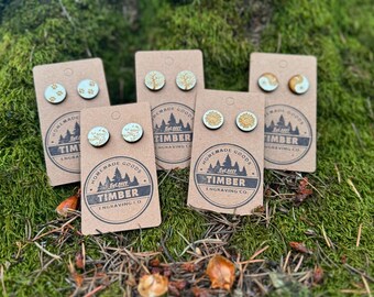 Laser Engraved Wooden Stud Earrings: Handmade Natural Wood