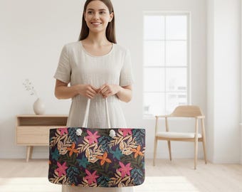 Tropical Floral Weekender Bag , Large Rope-Handle Travel Tote