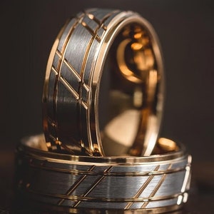 Tungsten Steel Rose Gold Men's Ring - Durable, Scratch-Resistant Band - Grooved Design Gift for Him