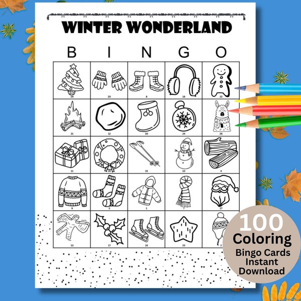 Winter Bingo x100 Christmas Bingo,Printable Bingo, for Party,Color in,Activity,Pre-K, Kindergarten ,Classroom,Homeschool Mom,Kids,Teacher