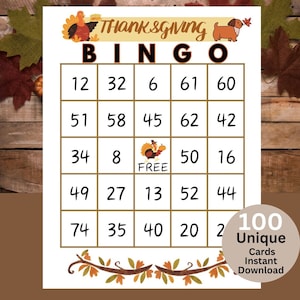 May include: A Thanksgiving bingo card with a turkey and a dachshund on top. The card has numbers 12, 32, 6, 61, 60, 51, 58, 45, 62, 42, 34, 8, FREE, 50, 16, 49, 27, 13, 52, 44, 74, 35, 40, 20, and 2. The text "100 Unique Cards Instant Download" is at the bottom right corner.