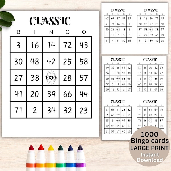 1000 Bingo Cards,Printable Bingo,Digital bingo cards,Adult bingo,Senior Games,Large Print,Party Game, Family night,Event Coordinator,1-75