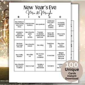 Neujahrsspiele,Neujahrsbingo,Silvester Mix und Mingle Bingo,100 druckbare Bingokarten,Jahre Spiel für Erwachsene,Partyspiel für Erwachsene